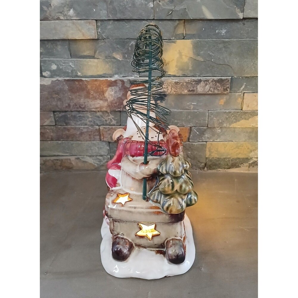 Christmas Holiday Jingle Ceramic Santa & Snowman on Sled Tea Light Candle Holder - Picture 2 of 8